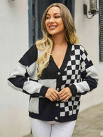 Plaid V-Neck Dropped Shoulder Cardigan - Ladyez