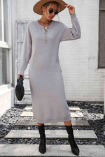 Notched Neck Dropped Shoulder Button-Down Midi Dress - Ladyez