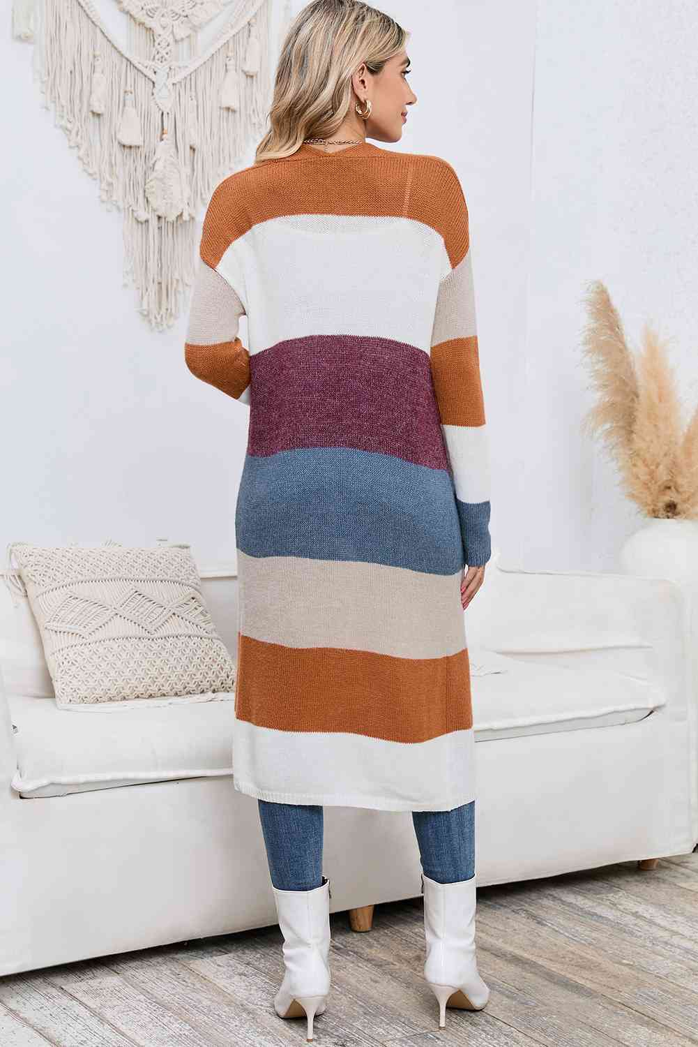 Long Color Block Open Front Pocketed Cardigan - Ladyez
