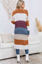 Long Color Block Open Front Pocketed Cardigan - Ladyez