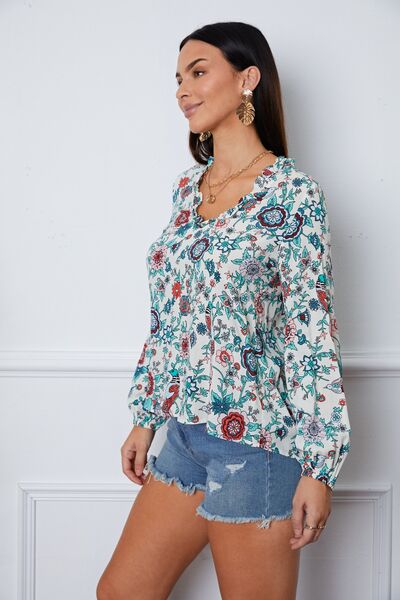 Floral Notched Long Sleeve Blouse - Ladyez