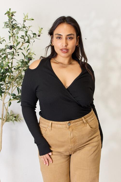 Culture Code Full Size Ribbed Surplice Cold Shoulder Top - Ladyez
