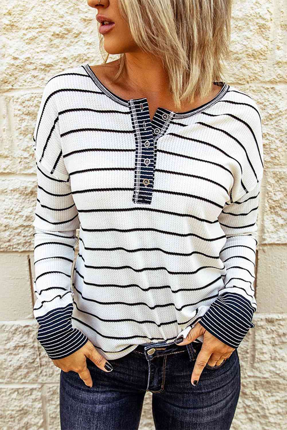 Striped Waffle Knit Henley Long Sleeve Top - Ladyez