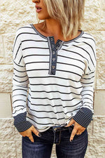 Striped Waffle Knit Henley Long Sleeve Top - Ladyez