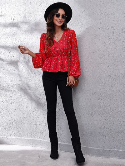 Floral V-Neck Balloon Sleeve Peplum Blouse - Ladyez