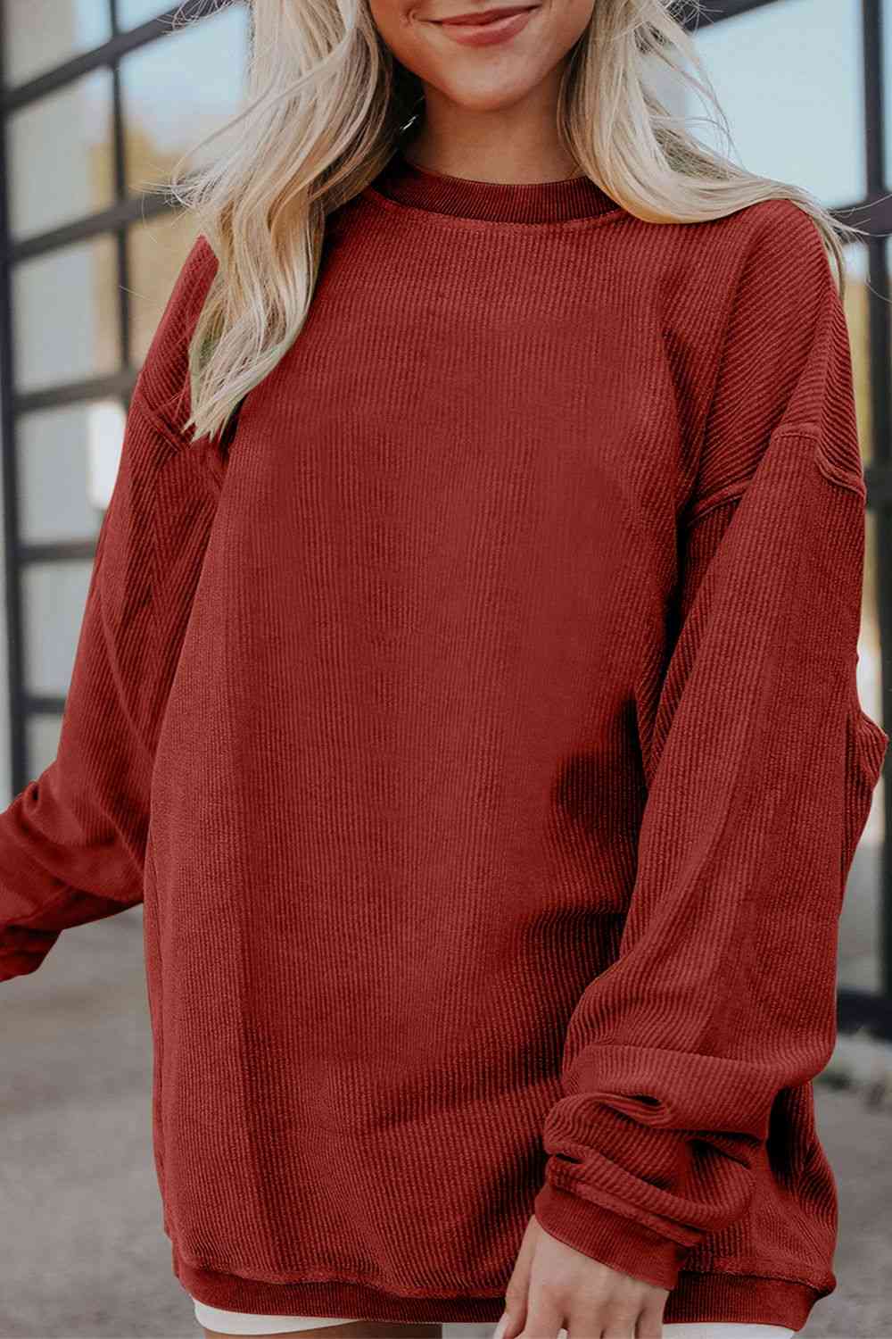 Ribbed Round Neck Drop Shoulder Sweatshirt - Ladyez