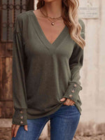 V-Neck Long Sleeve Top - Ladyez