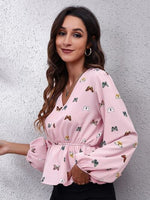 Butterfly V-Neck Balloon Sleeve Peplum Blouse - Ladyez