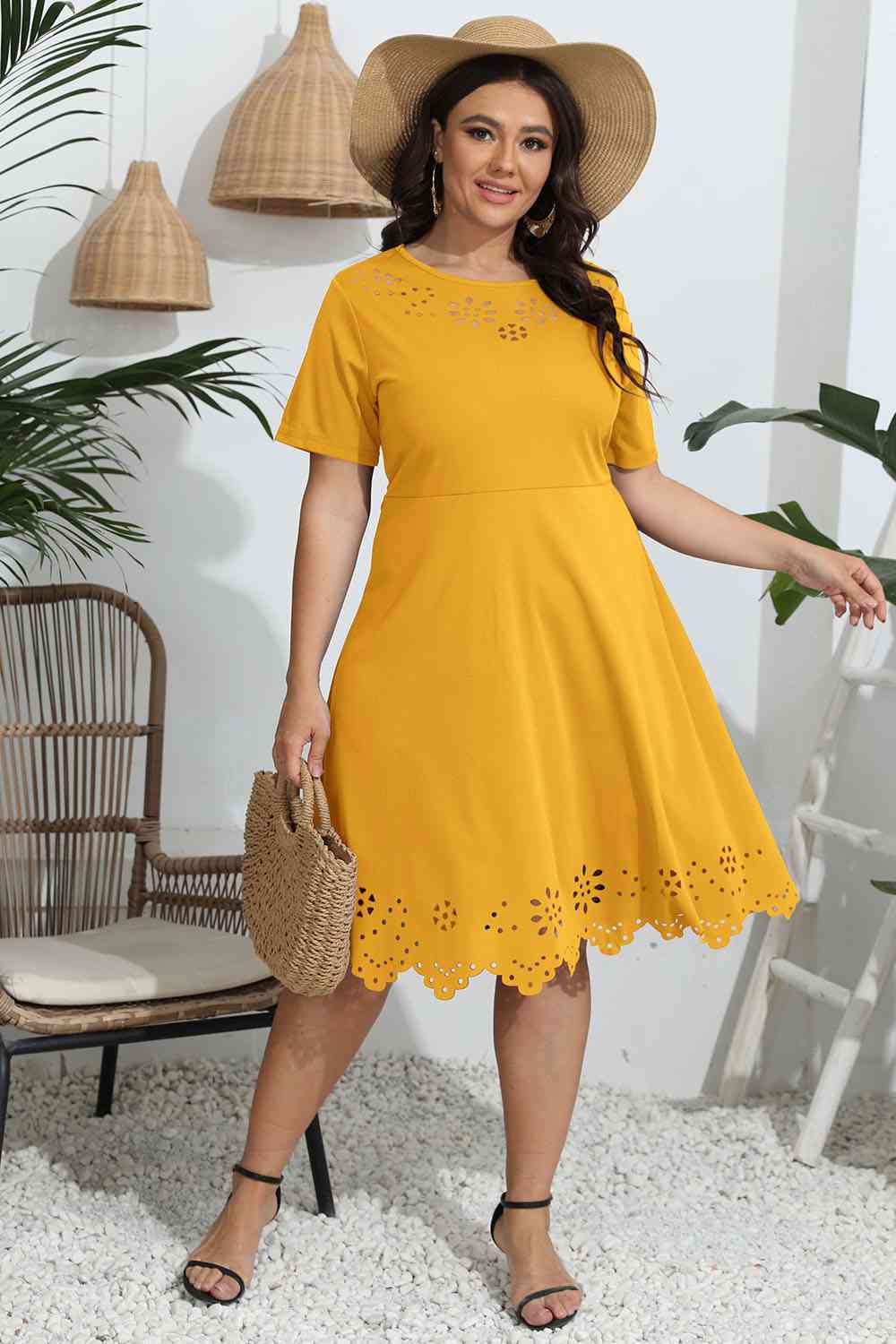 Plus Size Round Neck Openwork Dress - Ladyez