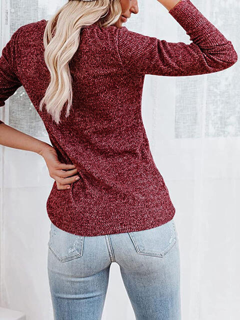 Round Neck Buttoned Long Sleeve T-Shirt - Ladyez
