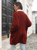 Open Front Rib-Knit Cardigan with Pockets - Ladyez