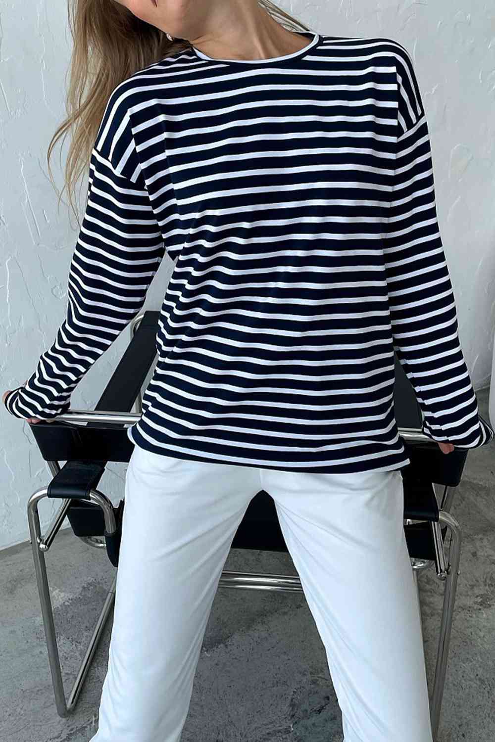 Round Neck Striped Dropped Shoulder T-Shirt - Ladyez