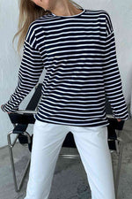 Round Neck Striped Dropped Shoulder T-Shirt - Ladyez