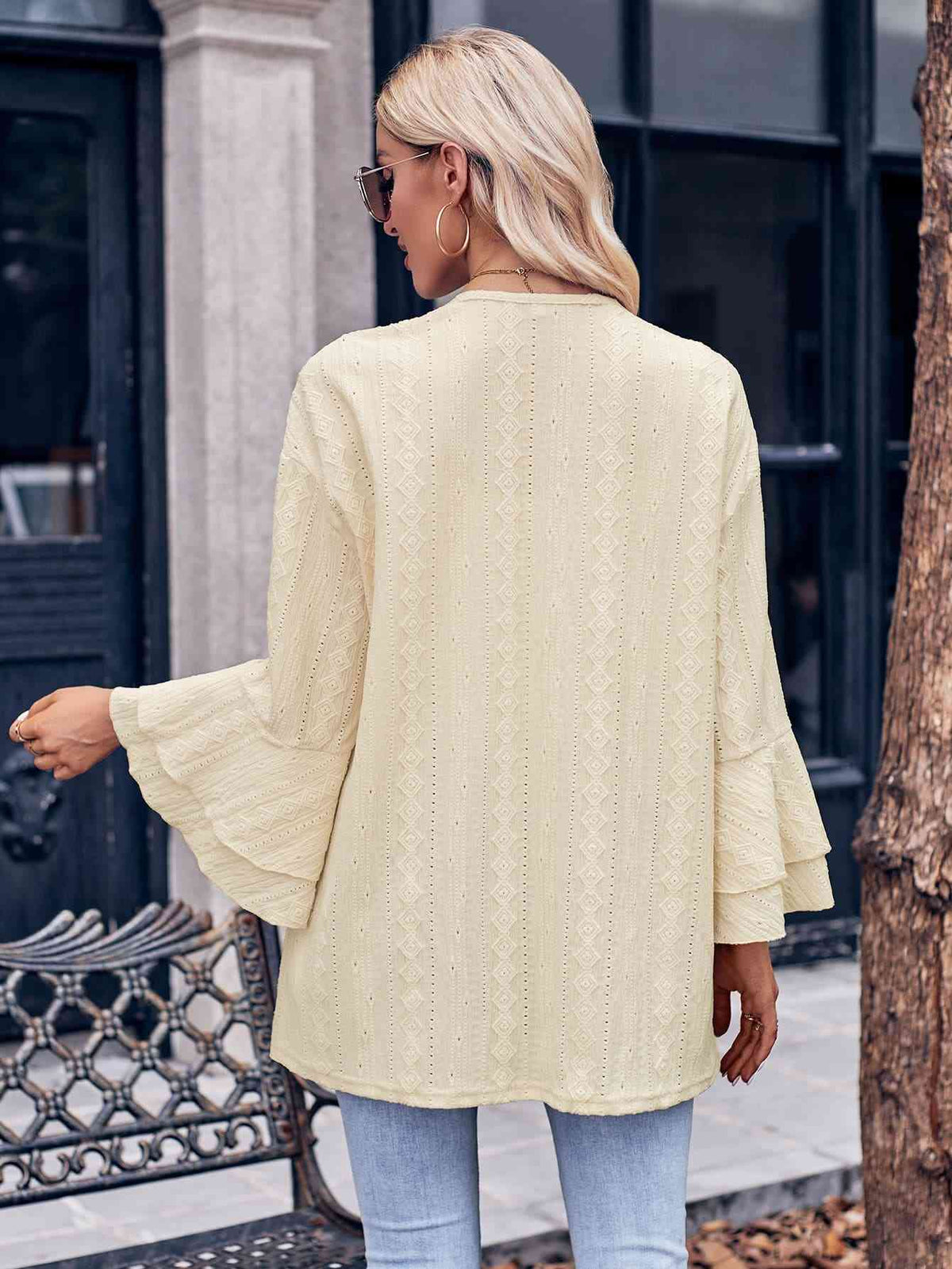 Eyelet Bell Sleeve Cardigan - Ladyez
