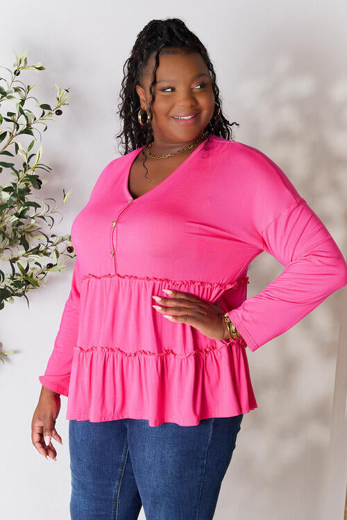 Double Take Half Button Long Sleeve Ruffle Hem Blouse - Ladyez