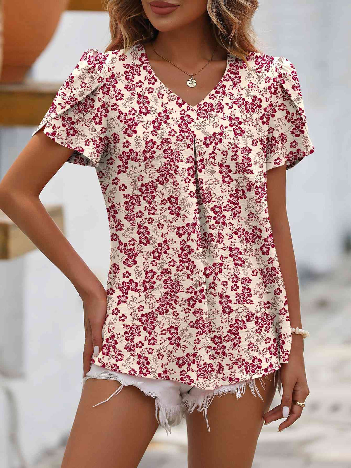 Ruche V-Neck Petal Sleeve Top - Ladyez
