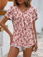 Ruche V-Neck Petal Sleeve Top - Ladyez