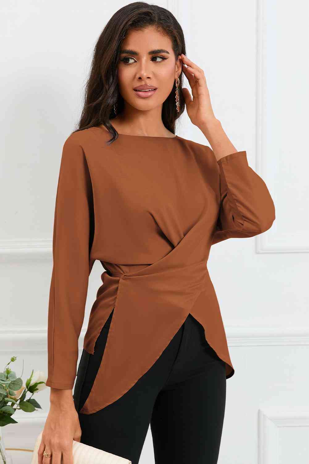 Boat Neck Back Tie Long Sleeve Satin Blouse - Ladyez