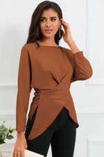Boat Neck Back Tie Long Sleeve Satin Blouse - Ladyez
