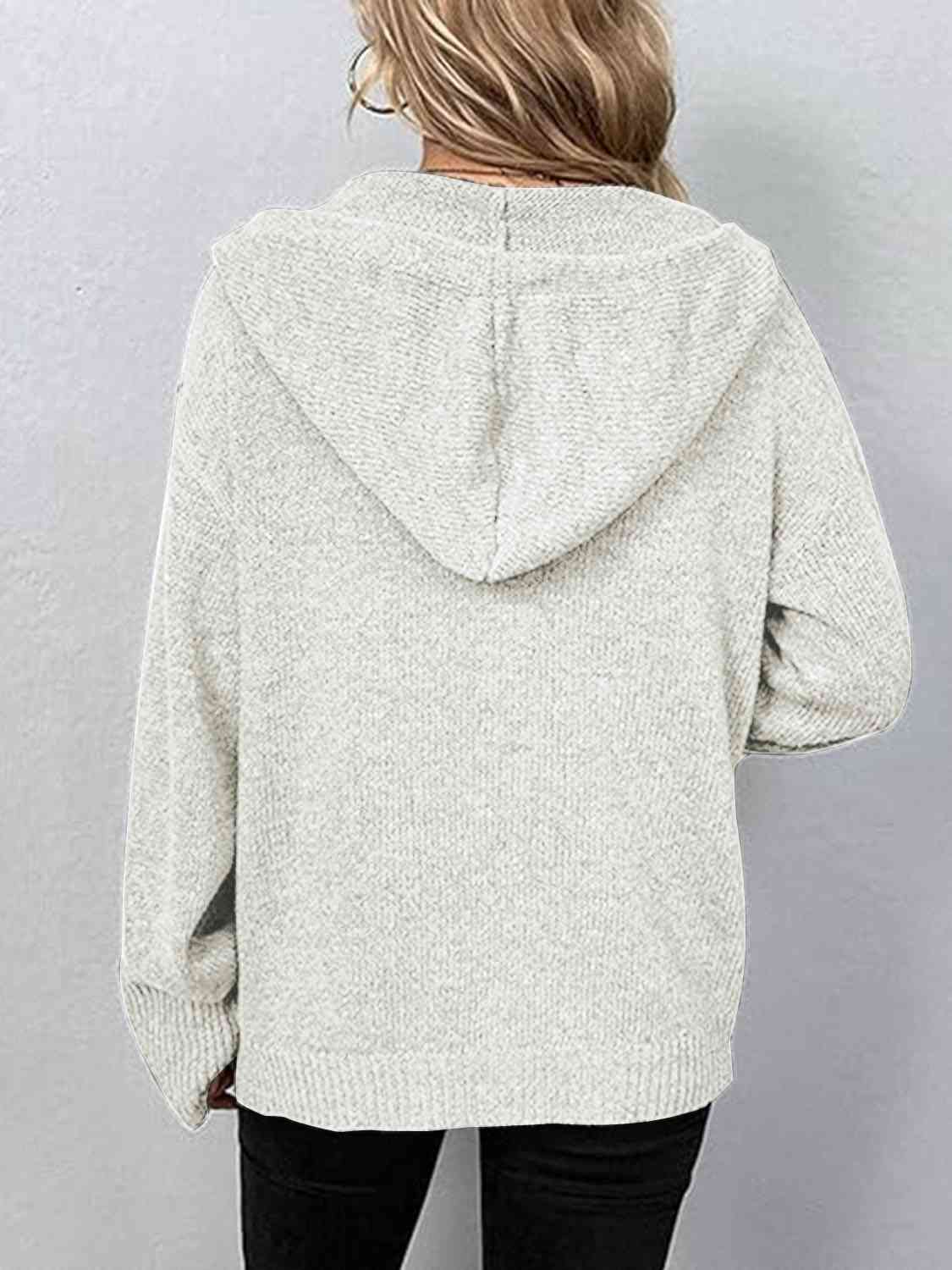 Button Up Drawstring Long Sleeve Hooded Cardigan - Ladyez