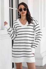Striped V-Neck Sweater Dress - Ladyez
