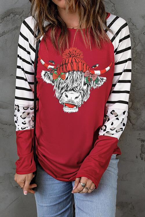 Bull Graphic Striped Long Sleeve T-Shirt - Ladyez