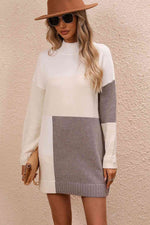 Color Block Mock Neck Dropped Shoulder Sweater Dress - Ladyez