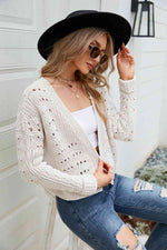 Open Front Cuffed Cropped Cardigan - Ladyez