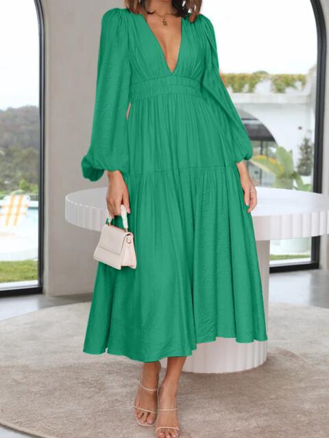 Deep V-Neck Balloon Sleeve Plain Maxi Dress - Ladyez