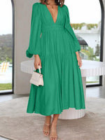 Deep V-Neck Balloon Sleeve Plain Maxi Dress - Ladyez