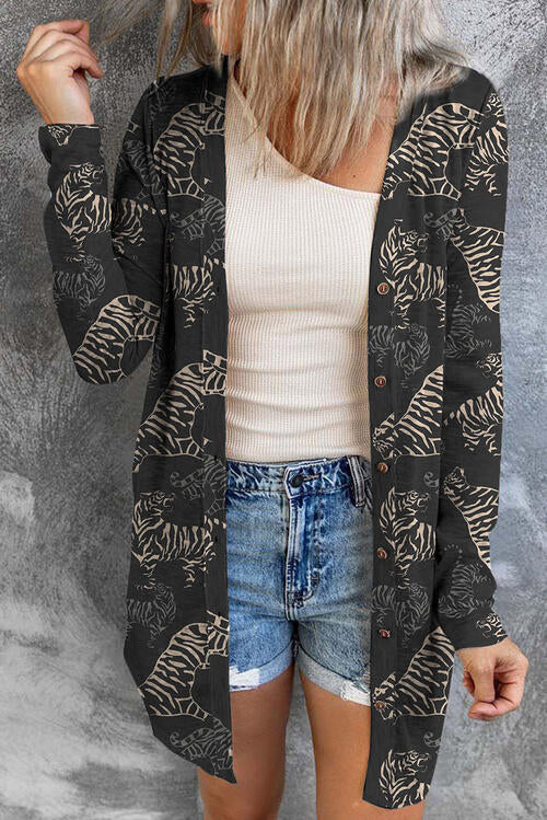 Tiger Print Button Up Long Sleeve Cardigan - Ladyez