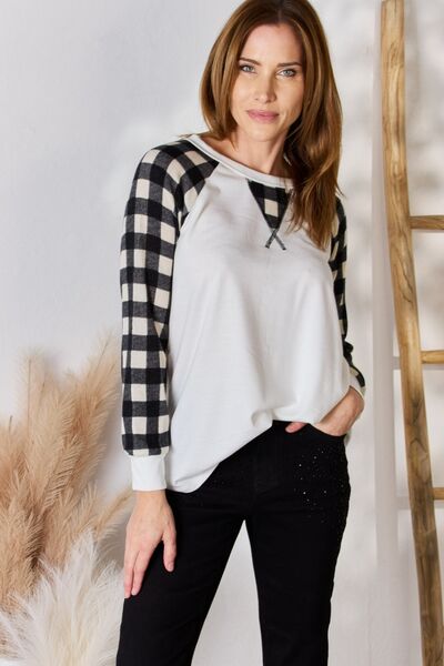 Hailey & Co Full Size Plaid Raglan Sleeve Round Neck Blouse - Ladyez