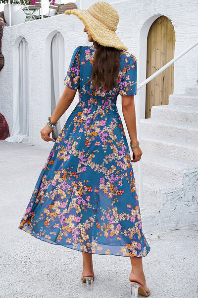 Smocked Floral V-Neck Short Sleeve Dress - Ladyez