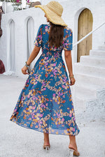 Smocked Floral V-Neck Short Sleeve Dress - Ladyez