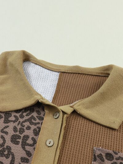Half Button Leopard Collared Neck Blouse - Ladyez