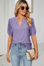 Eyelet Short Puff Sleeve Notched Neck Top - Ladyez