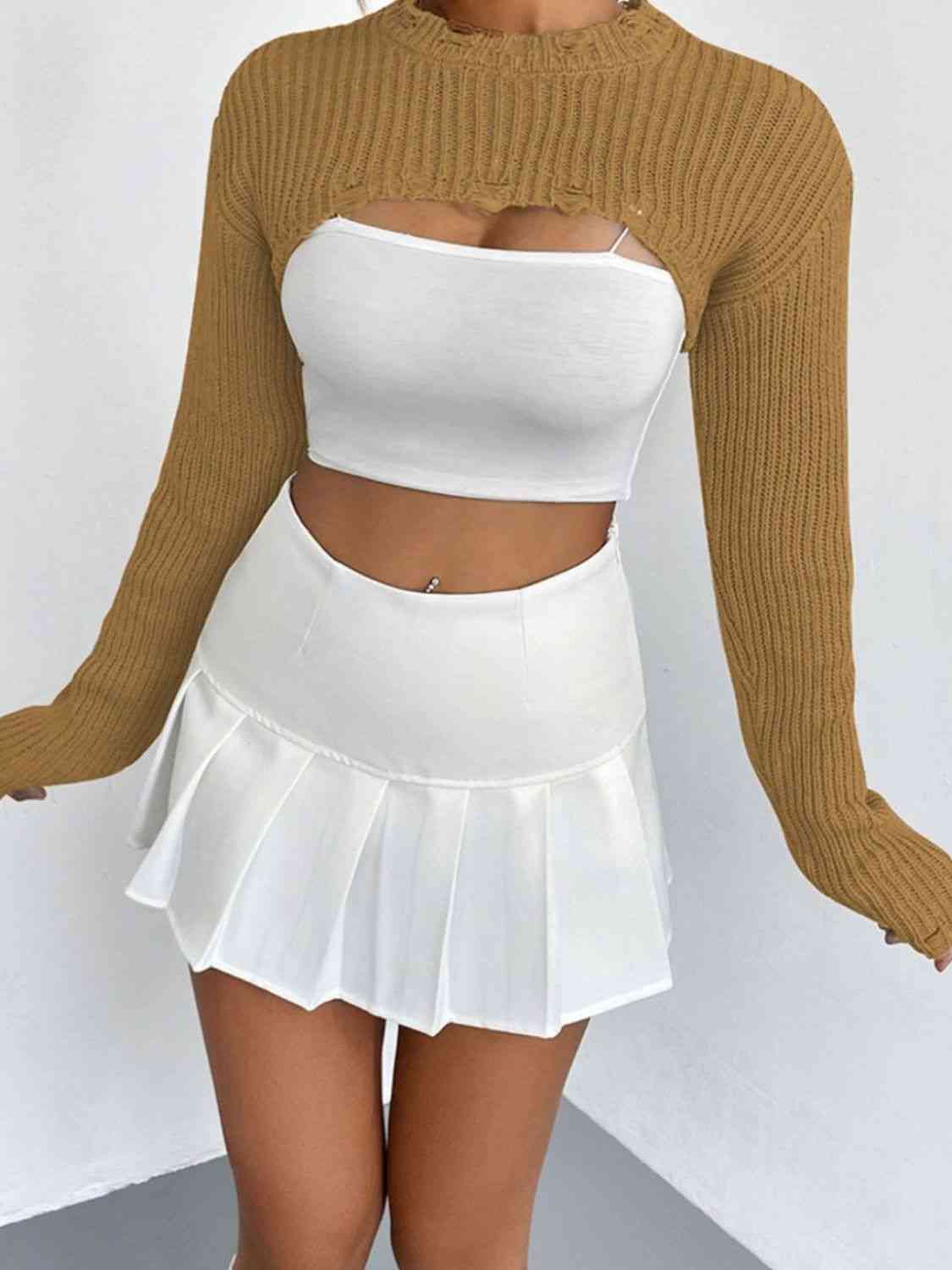Distressed Long Sleeve Cropped Sweater - Ladyez