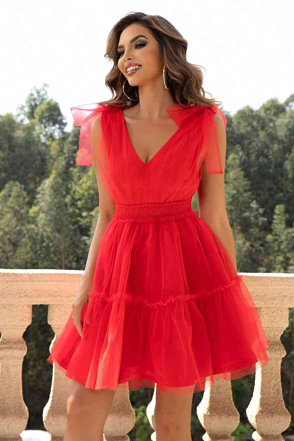 V-Neck Shoulder Detail Mesh Dress - Ladyez