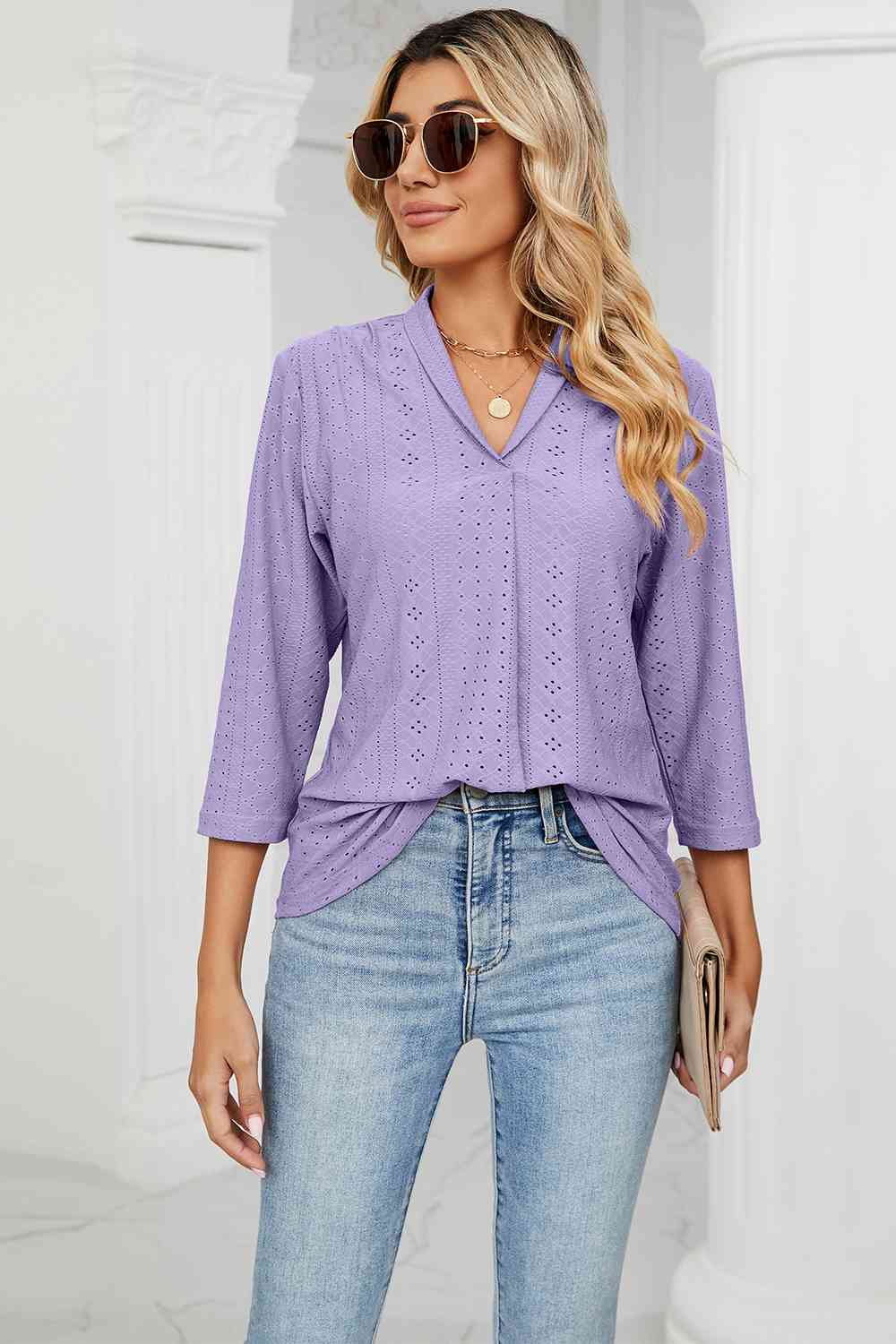 Eyelet Three-Quarter Sleeve Blouse - Ladyez