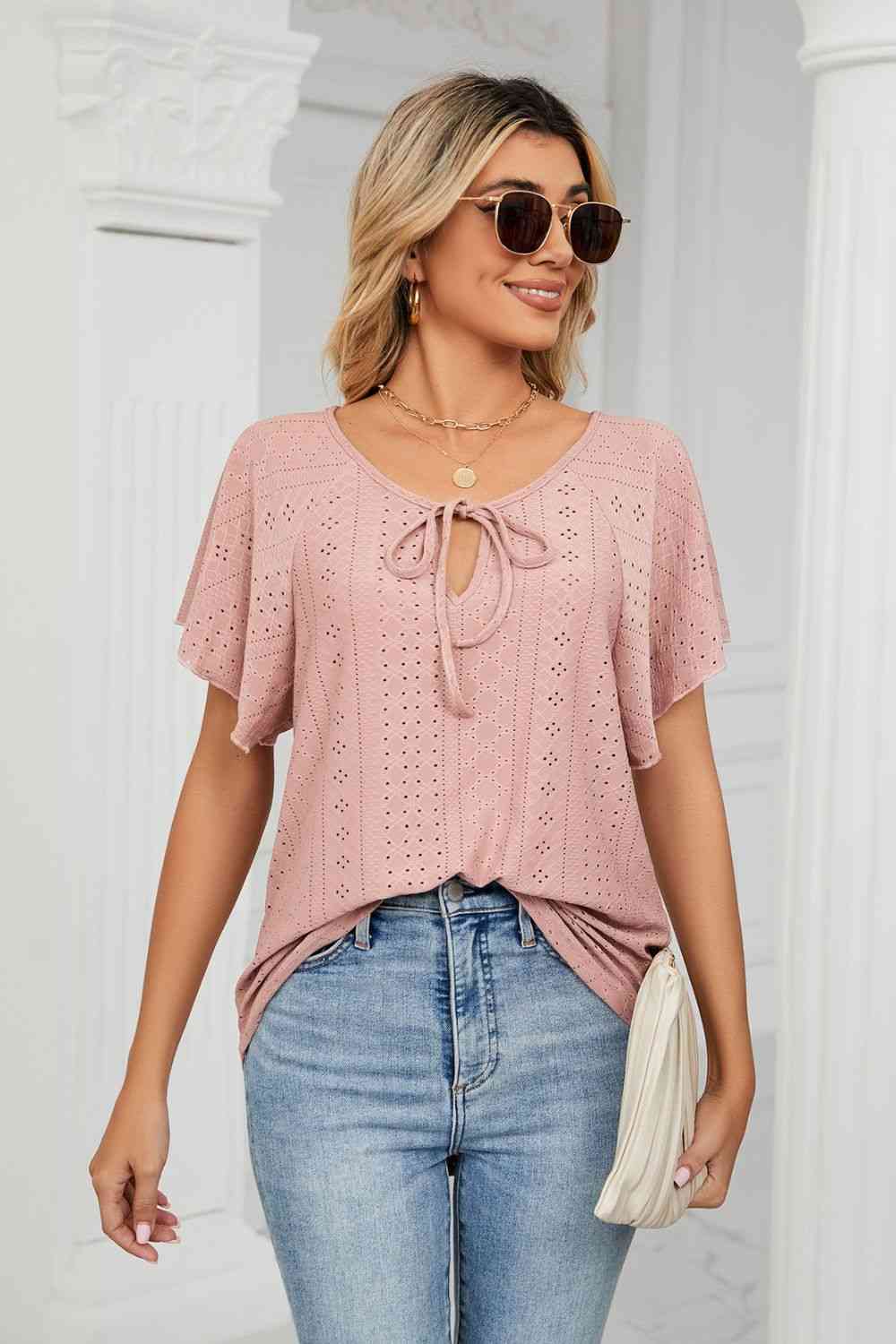 Eyelet Tie-Neck Flutter Sleeve Top - Ladyez