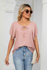 Eyelet Tie-Neck Flutter Sleeve Top - Ladyez