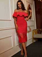 Layered Off-Shoulder Cutout Slit Midi Dress - Ladyez