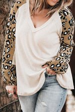 Plus Size Leopard V-Neck Raglan Sleeve Blouse - Ladyez