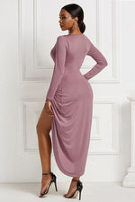 High-low Ruched Surplice Long Sleeve Dress - Ladyez
