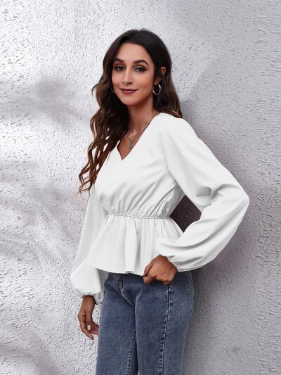 V-Neck Balloon Sleeve Peplum Blouse - Ladyez