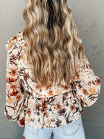 Drawstring Floral Lantern Sleeve Blouse - Ladyez