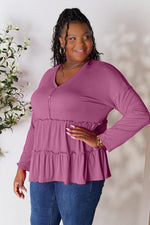 Double Take Half Button Long Sleeve Ruffle Hem Blouse - Ladyez