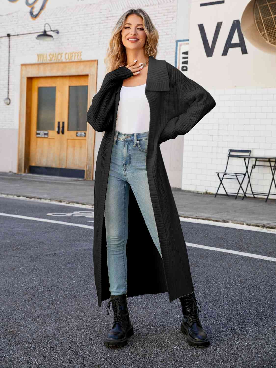 Full Size Collared Open Front Duster Cardigan - Ladyez