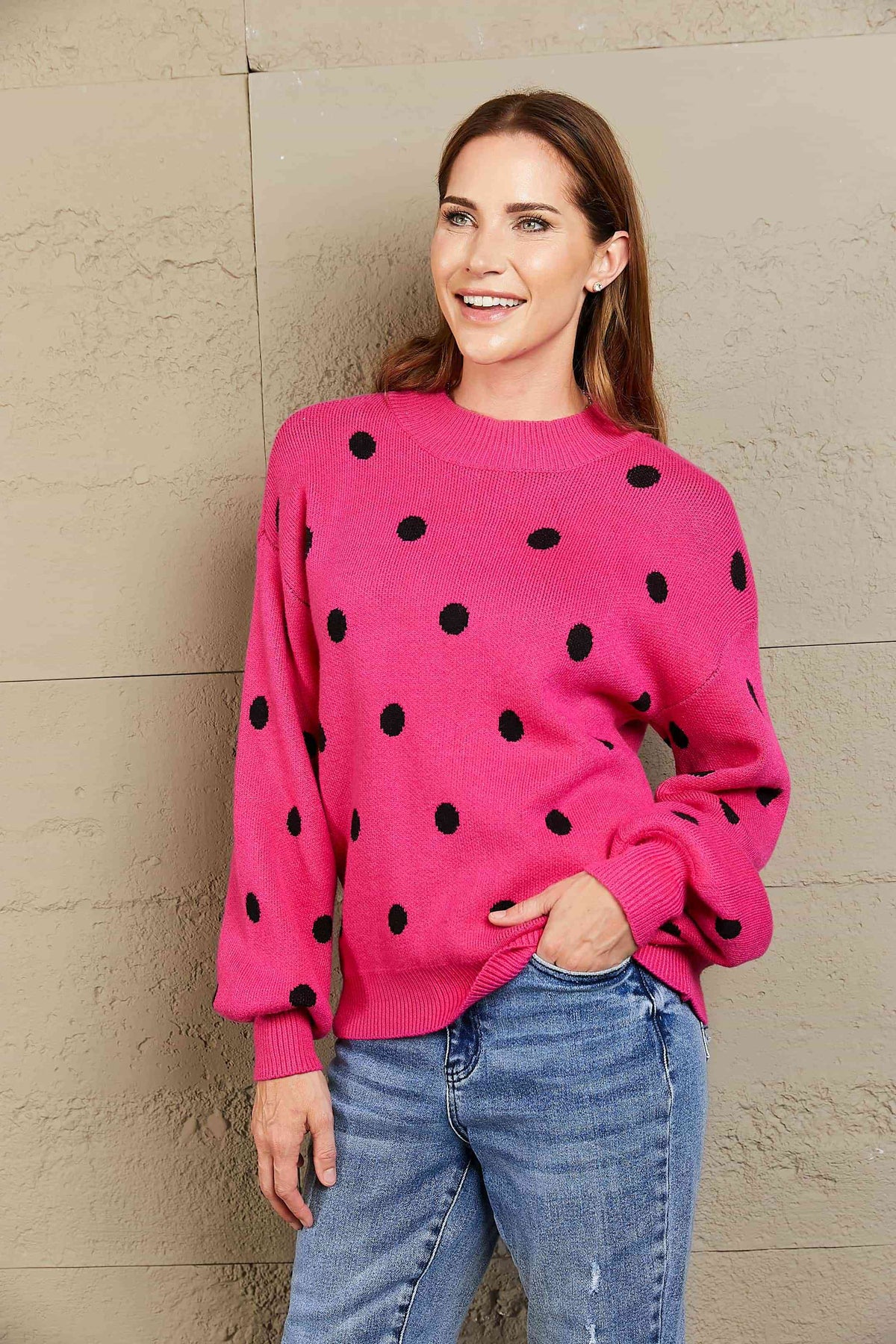 Woven Right Polka Dot Round Neck Dropped Shoulder Sweater - Ladyez