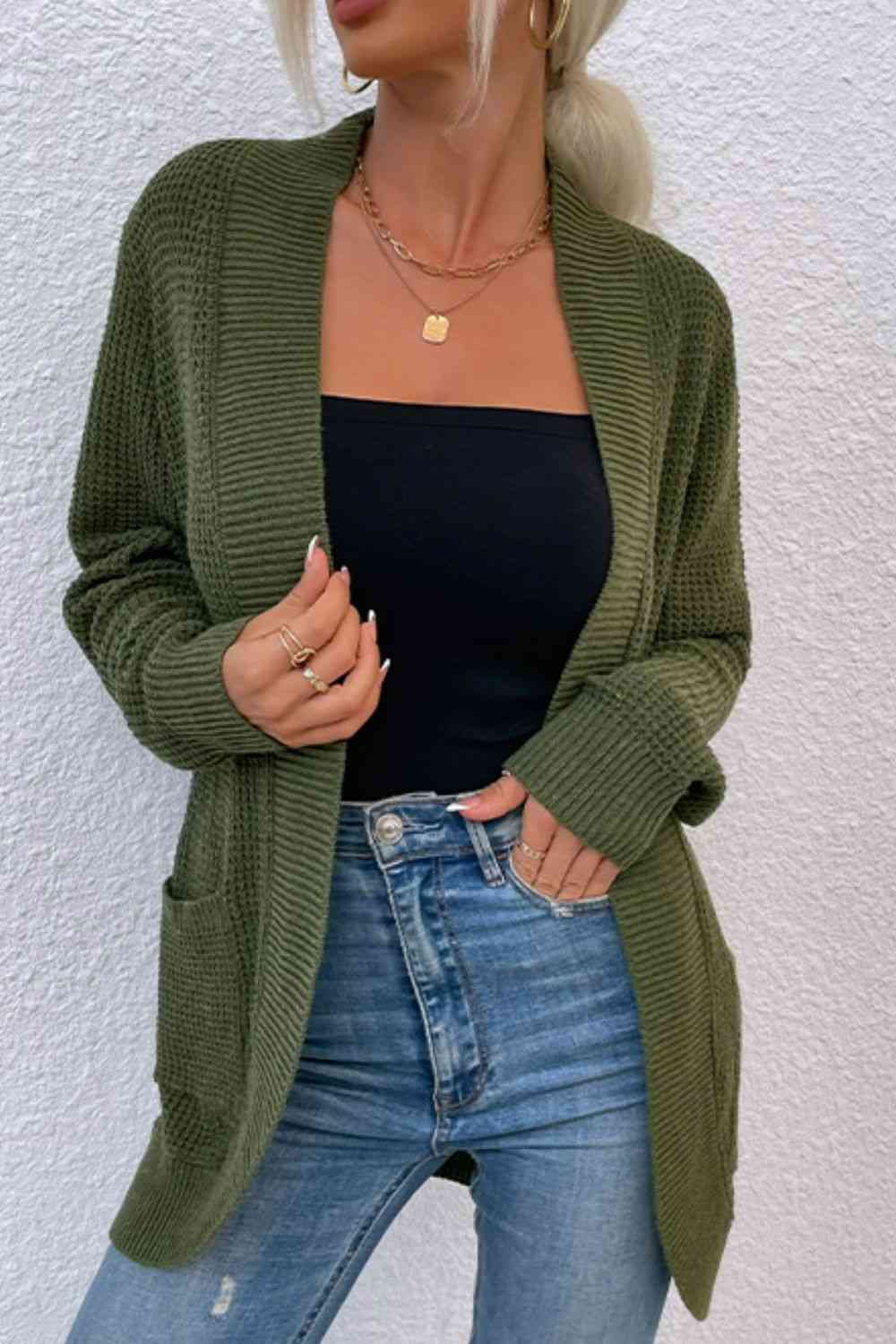 Open Front Rib-Knit Cardigan with Pockets - Ladyez